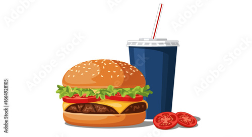 Delicious classic cheeseburger and refreshing cold drink meal combo perfect for lunch or dinner outdoor dining