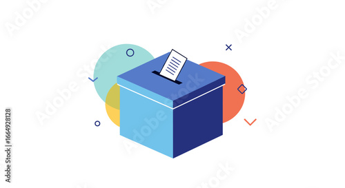 A modern isometric illustration of a blue ballot box with a paper vote being cast surrounded by colorful abstract circles and geometric shapes on a white background representing voting and democracy