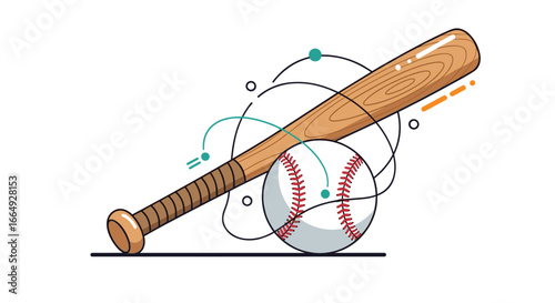 Dynamic baseball bat and ball illustration with whimsical motion trails capturing athletic energy