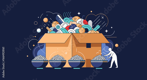 Vast assortment of contents overflowing from a cardboard box into multiple bowls being sorted by a person