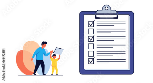 Father and son working together to complete a detailed checklist of tasks with focused attention and collaborative effort
