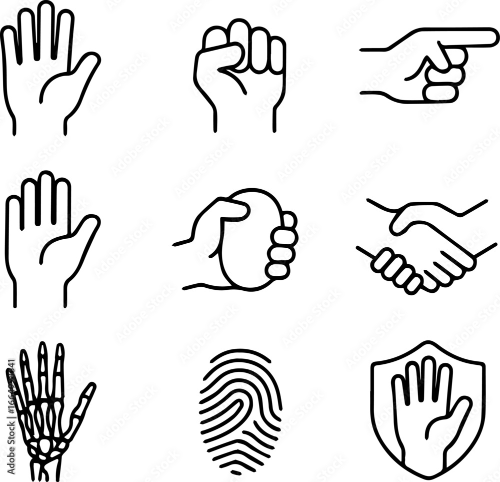 Fototapeta premium Hand Gesture Icons Open Palm Fist Pointing Handshake Skeleton Fingerprint and Protected Hand.