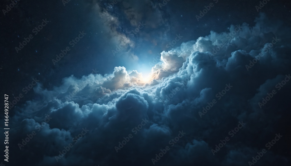 Fototapeta premium Spectacular cosmic cloud formation illuminates vast interstellar space. Luminous bright light pierces through ethereal celestial bodies aglow. Dark night sky boundless dimension, starry panorama.
