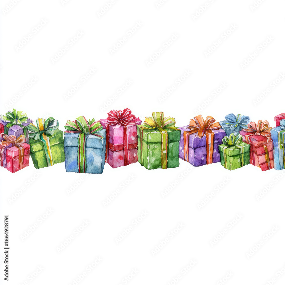 Fototapeta premium Colorful watercolor gift boxes with ribbons in festive row