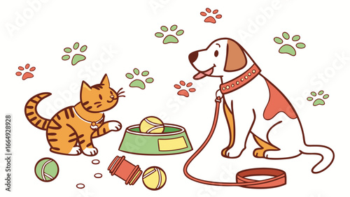 Happy playful cat and dog cartoon illustration, cheerful pet friends, adorable pets,  tennis balls, food bowl, leash, paw prints background, friendly animals, vector graphic, whimsical style.