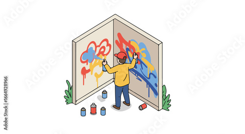 Person painting graffiti on corner wall with foliage nearby, promoting street art