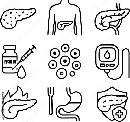 Medical Icons Depicting Pancreas Insulin Blood Sugar and Digestive Health.