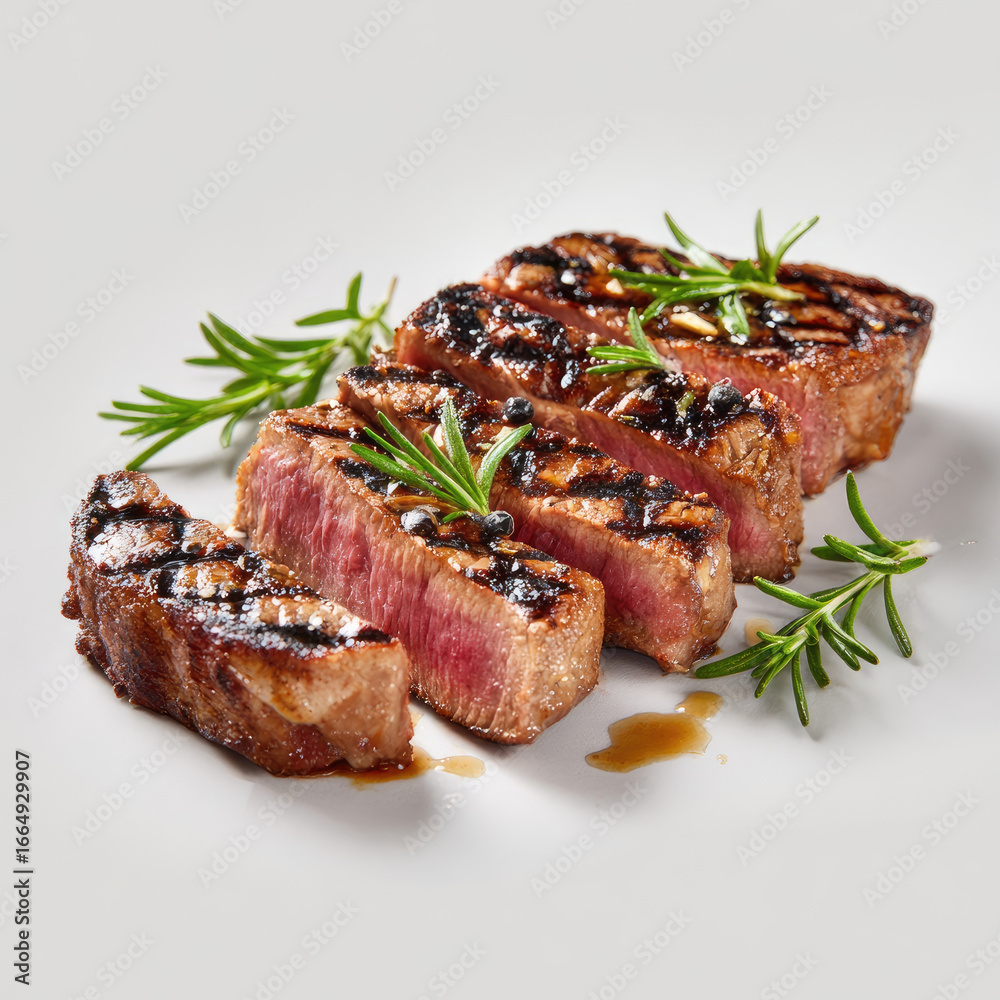 Grilled beef steak slices with rosemary garnish and sauce Grilled beef steak slices with rosemary garnish and sauce