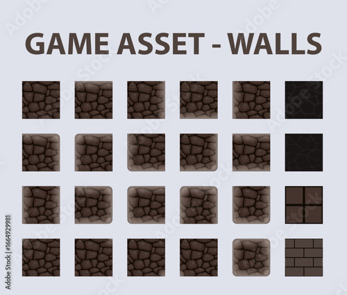 Game asset with brown stone walls seamless sprites. Vector set for level design