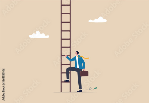 Challenge to climb up success ladder, unknown journey ahead, step to new career opportunity, determination to achieve goal concept, confidence businessman look up to begin climbing ladder of success.