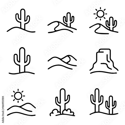 Minimalist Desert Landscape Icons Featuring Cacti Sun and Sand Dunes.
