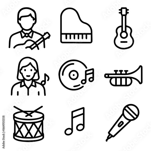 Musical instruments and performers icons guitar piano trumpet drum vinyl microphone.