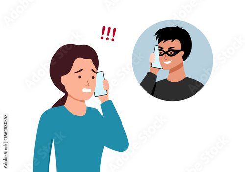 Elderly woman talking to telephone scammer who is trying to find out bank account password. Telephone scammer calls grandma, intimidating and forcing to provide personal information or using blackmail