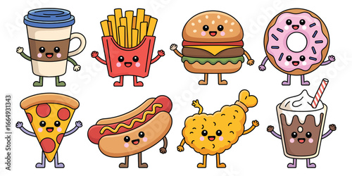 Fast Food Drawn Characters – Meal and Street Food Mascots Bundle in Flat Vector Style, Isolated on White for Branding, Packaging, Design