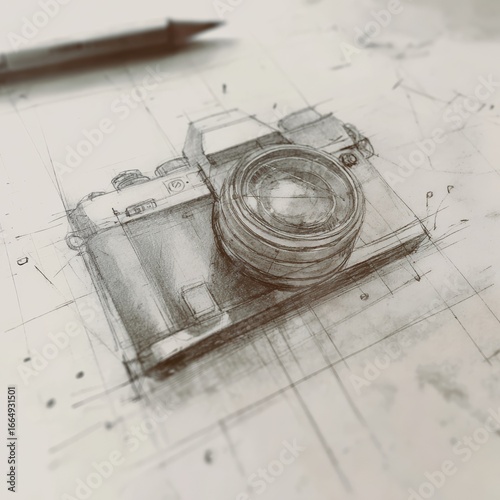 Artistic pencil sketch of a vintage camera drawn on paper with detailed lines and shading in a creative design concept