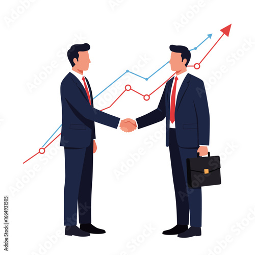 Two professional businessmen in dark suits are shaking hands, symbolizing a successful partnership, agreement, or a mutually beneficial deal with positive financial growth.