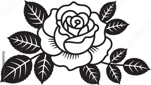 A stylized black and white illustration of a beautiful blooming flower with detailed petals and leaves.
