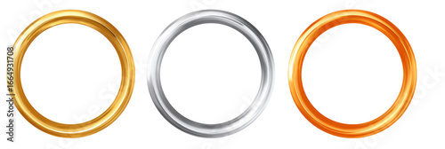 Three circular rings of gold, silver, and bronze