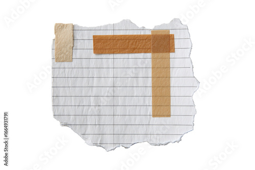 Torn piece of lined paper with taped repairs