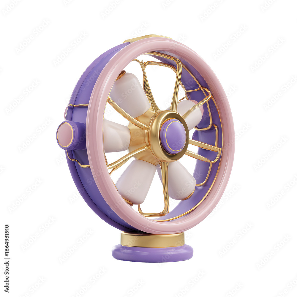 Fototapeta premium A stylized, 3D model of a vintage-inspired fan. Its circular body is a mix of purple and light pink, with gold accents. The fan blades are white and a decorative gold grille surrounds them. 