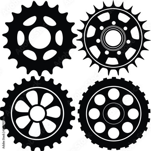 Bike Sprocket Collection Element Silhouette Vector, graphic, signs, icon set, cog, transmission, chain