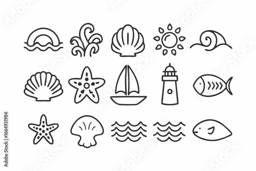 Minimalist Sea and Ocean Nature Vector Icon Set in Black Line Art, Clean Outline Illustration
