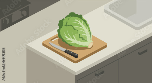 Romaine lettuce cutting on wood at the kitchen counter, ready for meal prepping