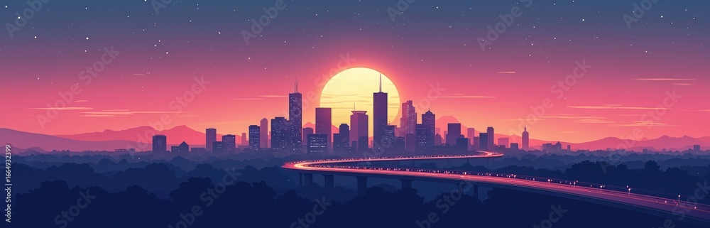 Naklejka premium City skyline silhouette against sunset backdrop. Urban landscape illustration with vibrant colors, architecture, nature. Tranquil evening view, reflections, dusk, cityscape. Serene panorama,