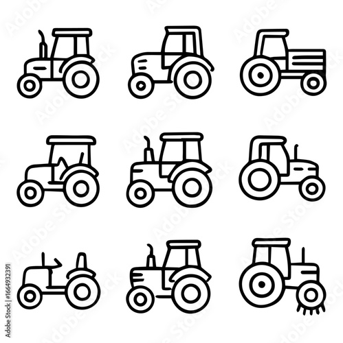 Nine Line Art Tractor Icons Diverse Designs and Styles.