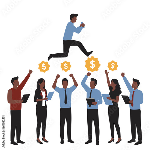 A determined leader leaps over golden dollar signs, symbolizing financial success and overcoming challenges, as a diverse and enthusiastic business team celebrates achievement.