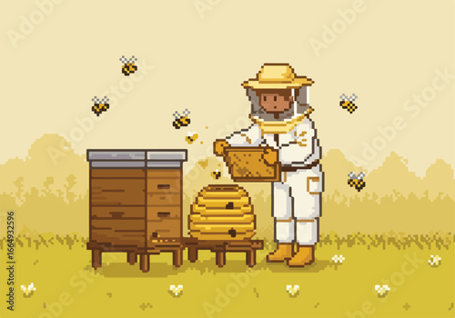 Beekeeper checking honeycombs in field with flying bees in pixel art style for app game