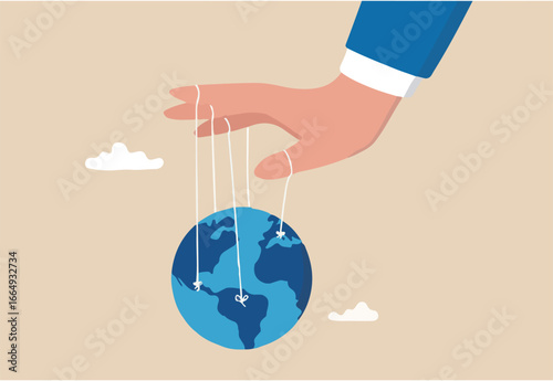 World domination power to manipulate or control economy, stop the war for world peace, political and conspiracy theory concept, anonymous businessman hand with puppet string to control the world.
