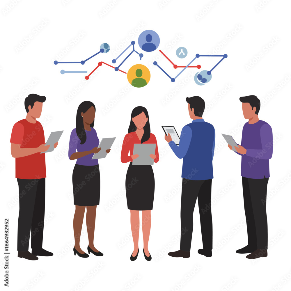 Obraz premium A diverse group of business professionals collaboratively analyze digital data and network in a modern, interconnected technological environment, fostering teamwork and communication.