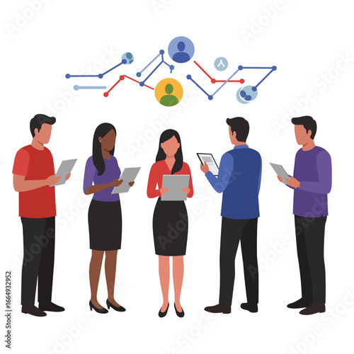 A diverse group of business professionals collaboratively analyze digital data and network in a modern, interconnected technological environment, fostering teamwork and communication.