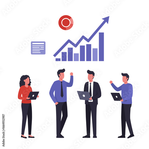 A dynamic team of business professionals collaborates, leveraging technology and data analysis to propel market growth and achieve strategic financial success.