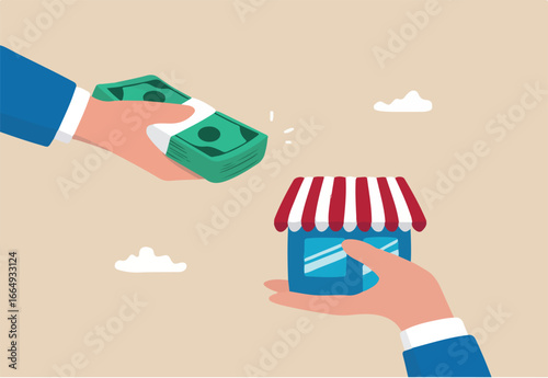 Company buyout, acquisition agreement or takeover, selling company offer or merger, franchise business concept, businessman offer money to buy other hand offer company or shop building.