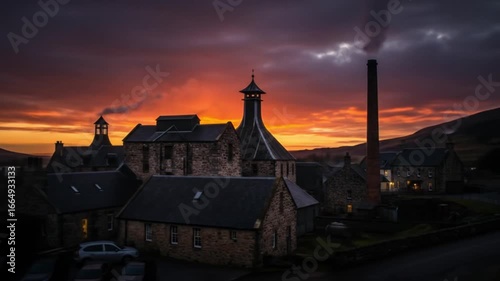 Dramatic sunset over whiskey distillery, Scotland. Authentic stone buildings with smoke. Scottish history