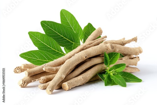 A detailed, ultra-realistic photograph of a pile of ashwagandha roots with green leaves on a white background, highlighting natural herbal ingredients.
