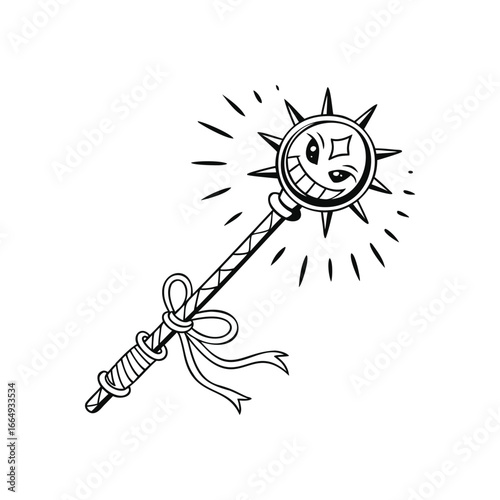 A magical staff or mace for a fantasy RPG. A mischievous smiling face on a spiked weapon for a wizard or warlock character. A vector game asset