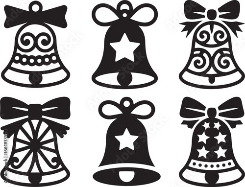A collection of six decorative Christmas bells, each with a unique festive design, presented as a black and white silhouette.