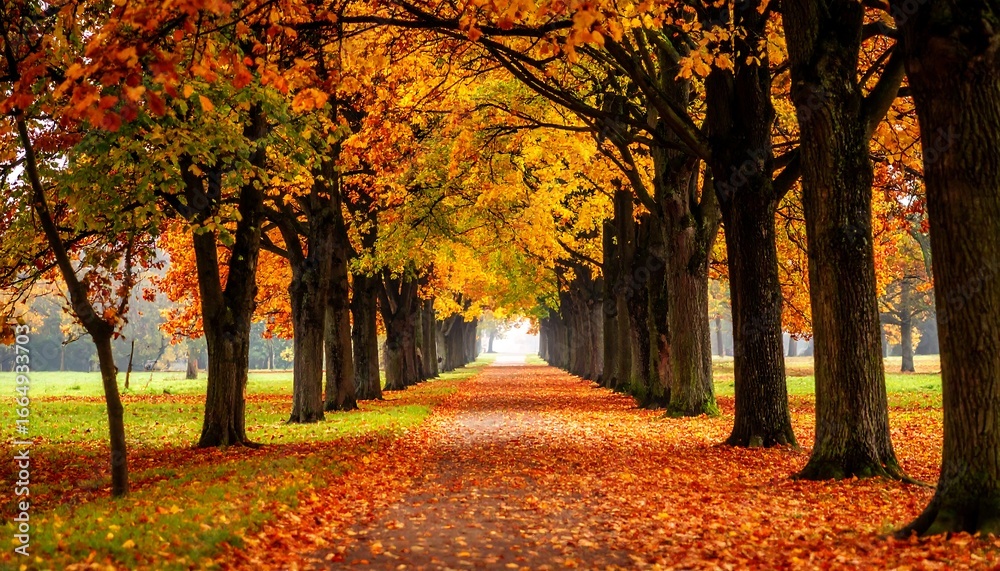 Fototapeta premium A picturesque autumnal pathway lined with vibrant, colorful trees, showcasing the beauty of fall foliage.