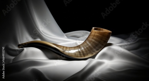 Rosh Hashanah shofar resting on elegant silk fabric. This traditional ram horn is a symbol of Rosh Hashanah, Jewish new year.  Rosh Hashanah celebration image for religious websites,