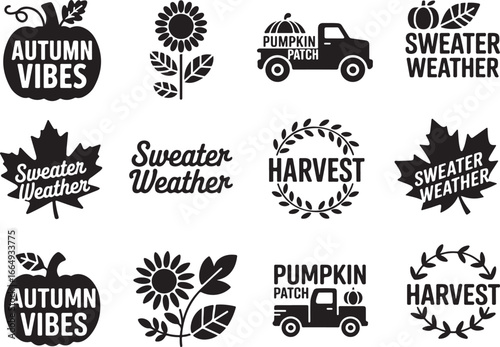 A collection of twelve stylized black and white autumn-themed designs, featuring pumpkins, leaves, and seasonal phrases.