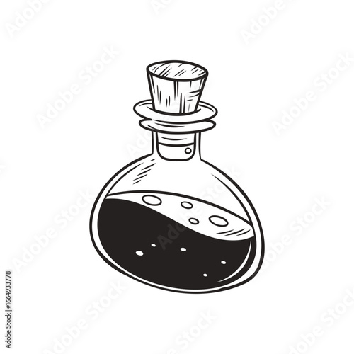 A potion bottle for witchcraft and alchemy. A sketch of a witch's brew or a poison elixir. An occult symbol for a tattoo or Halloween design