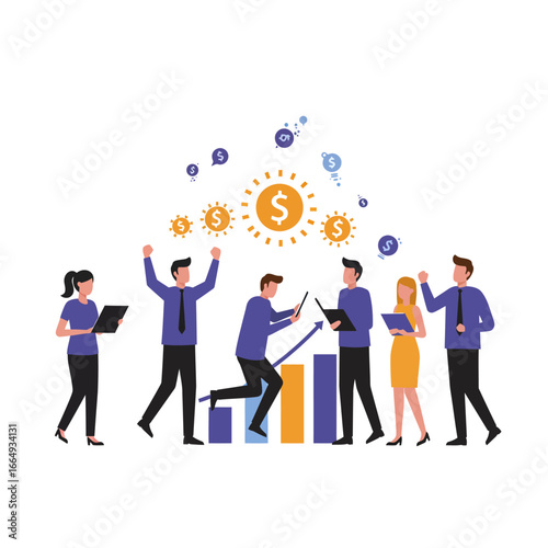 A dynamic team of business professionals collaborates and celebrates financial success, market growth, and profitable investment strategies.