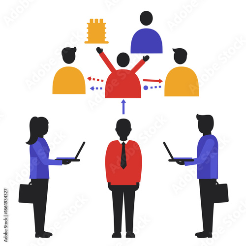 An insightful vector illustration visually depicts a modern business hierarchy, showcasing effective team collaboration, strategic communication, and successful leadership.