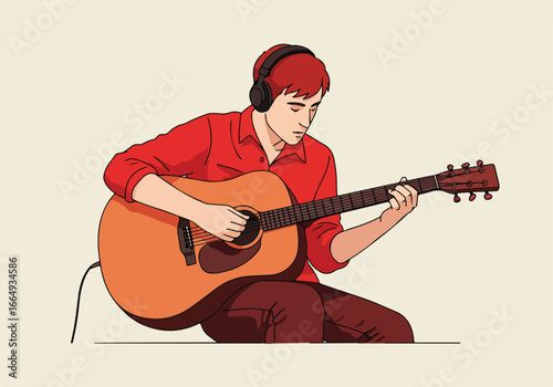 Artist with headphones plays guitar on the floor, listening. Background is plain