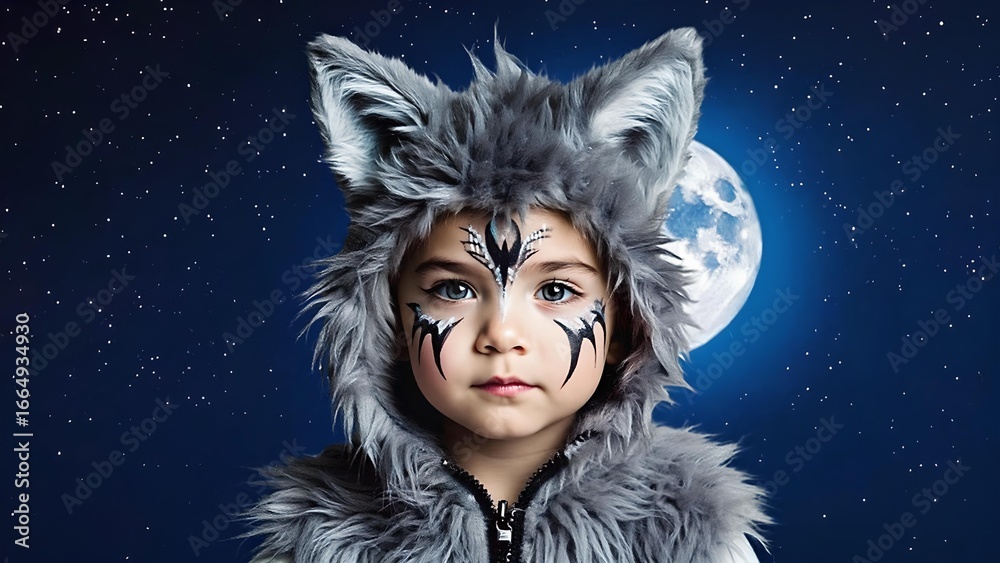 Fototapeta premium Child in wolf costume with fantasy face paint standing under full moon and starry night sky, creative portrait for Halloween, cosplay, mythology or fantasy themed concepts