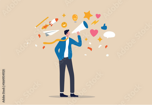 Storytelling, the art of communication or telling and share idea, inspiration, promote marketing campaign in advertising concept, smart businessman marketer using megaphone to tell their story. 