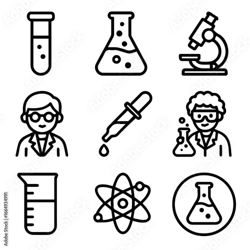 Science Icons Beaker Test Tube Microscope Atom Pipette Scientist.